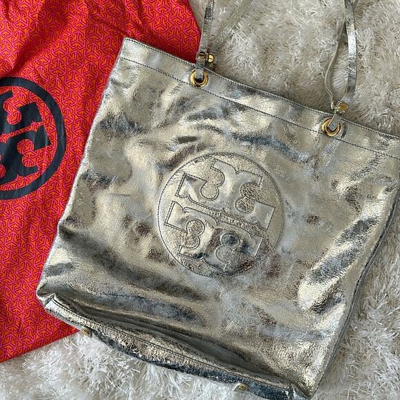 Tory Burch Metallic Silver logo T  tote Shoulder Bag. - Picture 1 of 16